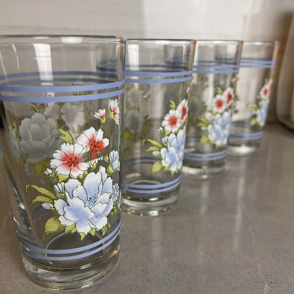 Firna Vintage Floral Tumbler Glasses High Ball Set of 4 Drinking Glasses